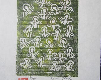 YMCA Swimming Pool crowd Modern Party original hand carved woodblock print woodcut Moku Hanga Japanese washi paper signed Kevin Clark