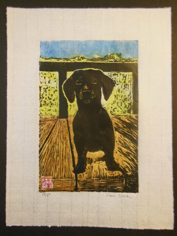 Dachshund Dog Hand Carved Woodblock Print Japanese Washi Paper
