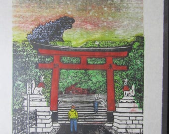 Kaiju godzilla-like Monster dinosaur Fushimi Inari Taisha Fox Shrine Temple Original woodblock print on Japanese Washi paper signed Clark