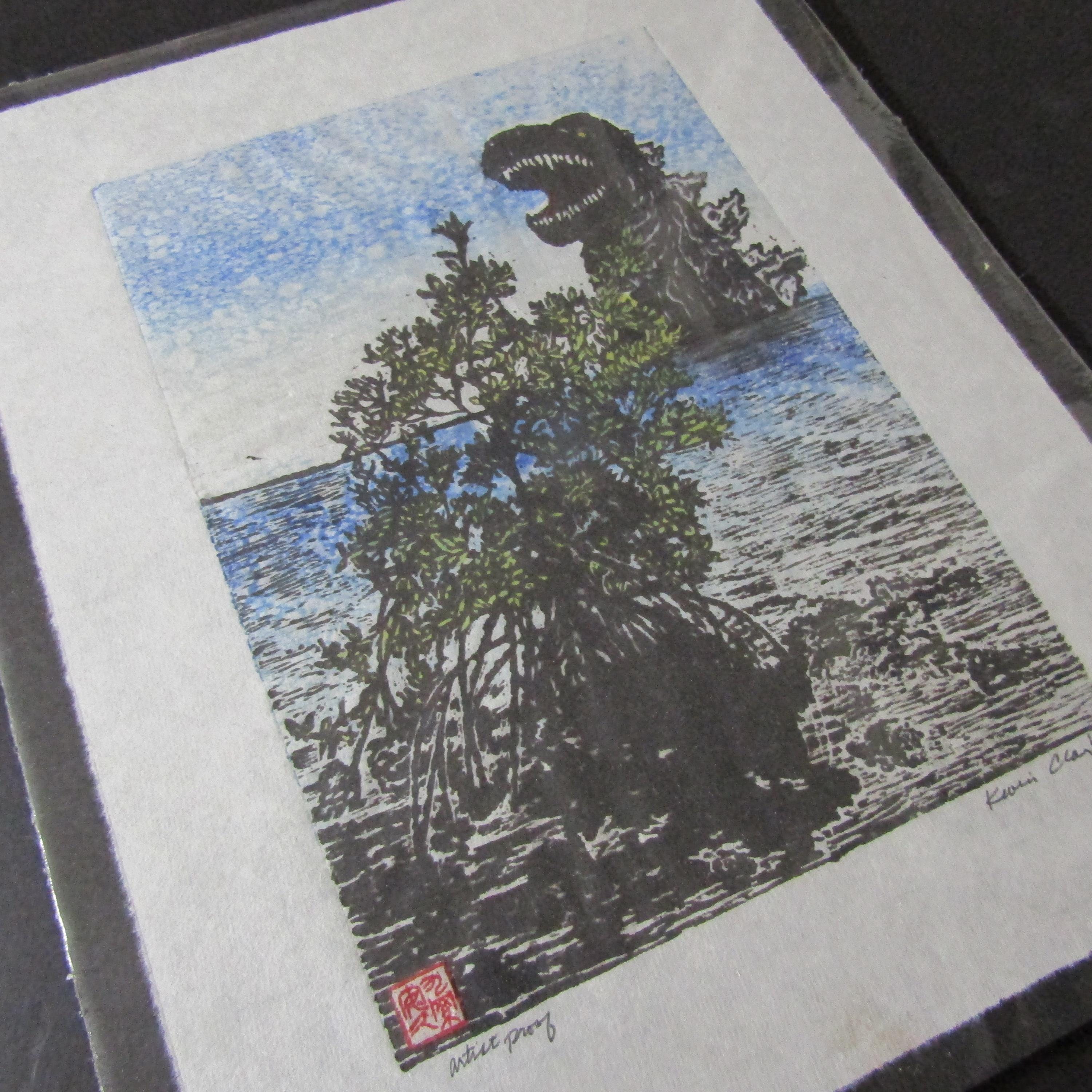 Kaiju Godzilla Monster Dinosaur Mangrove Tree Sunset Original Hand