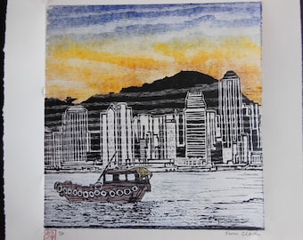 original hand carved woodblock print Moku Hanga Junk Boat Hong Kong China signed Clark
