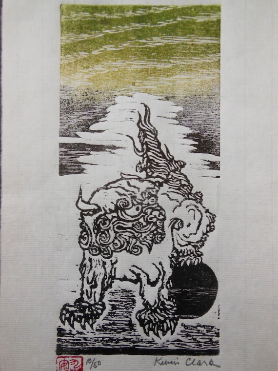 ホットセール 口コミ Shisa Fu Temple Dog Moku Engraving Print Woodblock Lion 絵画