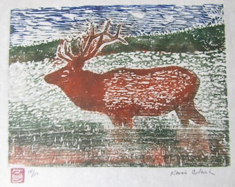 Elk Deer Caribou original hand carved woodblock print woodcut Japanese moku hanga washi paper signed Kevin Clark