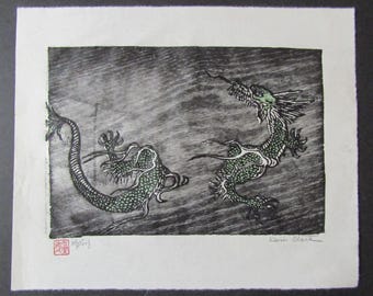 Dragon cloud Ryu Liu hand carved woodcut woodblock print Japanese moku hanga washi paper signed Clark