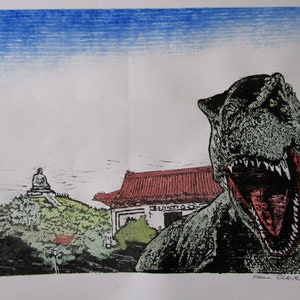 May include: A black and green print of a dinosaur with an open mouth, set against a background of a red-roofed building and a green hill with a small statue on top. The print is numbered 9/55 and signed "Kowa Clark".
