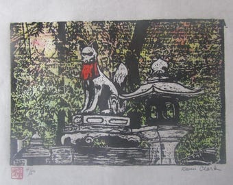 Guardian Fox lantern Fushimi Inari Kyoto hand carved woodcut, woodblock print Japanese moku hanga washi paper signed Kevin Clark