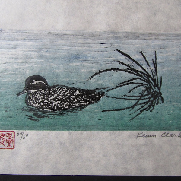 duck pond grass hand carved woodblock print  Japanese Moku Hanga Banhua signed Clark