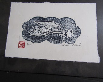 Angel Cloud Harp original hand carved woodblock print  Moku Hanga Japanese washi paper signed Kevin Clark