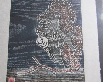 Angel Fish Coral hand carved woodcut woodblock print Japanese moku hanga washi paper signed Kevin Clark