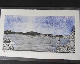 Crater Lake National Park Oregon hand carved woodcut woodblock print Japanese moku hanga washi paper signed Kevin Clark