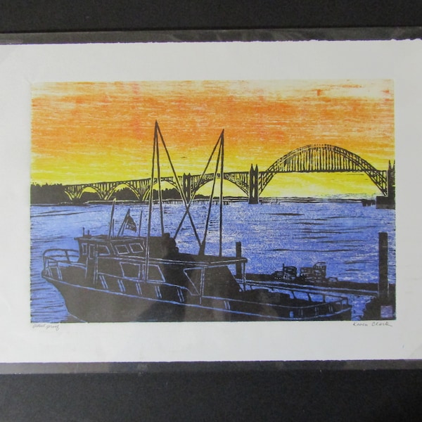 ニューポート橋とボート オレゴン海岸の夕日 海景 手彫り 木版画 木版画 和紙 サイン入り ケビン・クラーク
