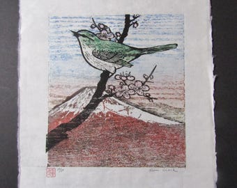 Spring Song Warbler bird Plum Blossom Red Fuji Mountain view Large hand carved woodblock print Japanese Moku Hanga Banhua signed Clark #50