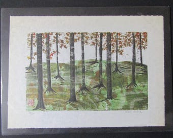 Modernist Maple Tree Forest Park original woodcut hand carved woodblock print Japanese Moku Hanga signed Kevin Clark