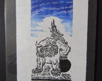 Temple Okinawa Shisa dog lion Woodblock print woodcut Moku Hanga Japanese Washi signed Clark
