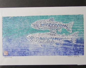 魚のペア、マス、サーモン、オリジナル手彫り木版画、木版画、和紙