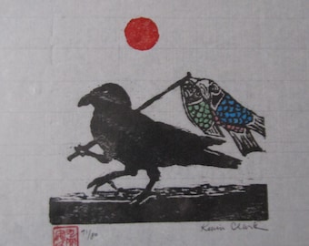 Yata Karasu 3 legged Crow Yatagarasu Koinobori Fish Kite hand carved woodblock print Japanese washi paper signed Kevin Clark