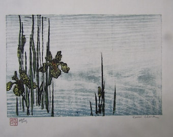 Wild Yellow Iris water Pool  Original hand carved woodblock print Moku Hanga Japanese washi paper signed artist proof