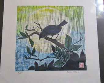 Japanese Shrike Starling Bird Mosul hand carved woodblock print Japanese washi paper signed Kevin Clark