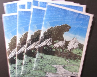 Colorado Kaiju Dinosaur Godzilla monster UC Boulder blank 5x7 greeting note cards moku hanga woodblock print reproductions set of 10