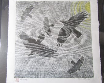 Crows Ravens Original woodcut woodblock print on Japanese moku hanga Washi paper signed Clark