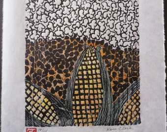 Popcorn corn kernel popped hand carved woodblock print woodcut Japanese washi paper signed Clark