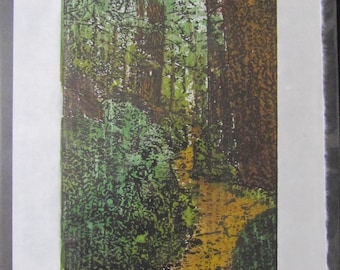Vandring i skogen, handskuret originalträblockstryck, japansk moku hanga, signerad Clark