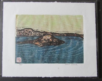 Crater Lake National Park Oregon Modern hand carved woodcut woodblock print Japanese moku hanga washi paper signed Kevin Clark