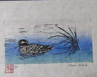 duck pond grass hand carved woodcut woodblock print Japanese Moku Hanga washi signed Clark