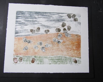 Acorn oak tree nuts donguri original modern hand carved woodblock print Japanese Moku Hanga signed Clark