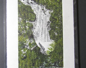 Forest stream waterfall Taki hand carved original woodblock print Japanese moku hanga signed Clark