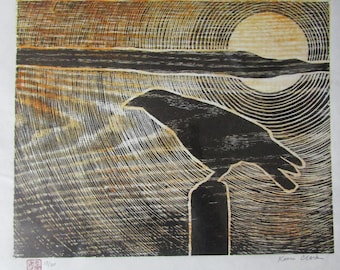 Desert Crow Raven Sunset Karasu hand carved woodcut woodblock print Japanese moku hanga washi paper signed Kevin Clark