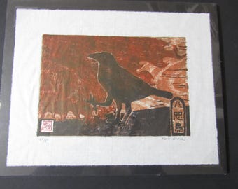 八咫烏 三本足のカラス 手彫り木版画 和紙 ケビン・クラークのサイン