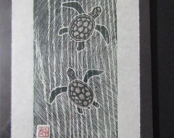 Ocean Sea Turtles Kame hand carved woodblock print woodcut Japanese moku hanga washi paper signed Kevin Clark