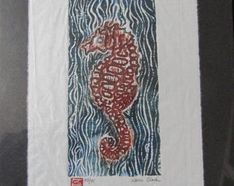 Ocean Seahorse sea dragon hand carved woodcut, woodblock print Japanese moku hanga washi paper signed Clark