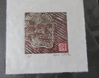 Skull Skeleton bone head cranium woodcut engraving hand carved woodblock print Japanese moku hanga washi paper signed Clark