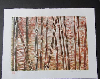Bamboo tree forest hand carved woodcut woodblock print Japanese moku hanga washi paper signed Kevin Clark