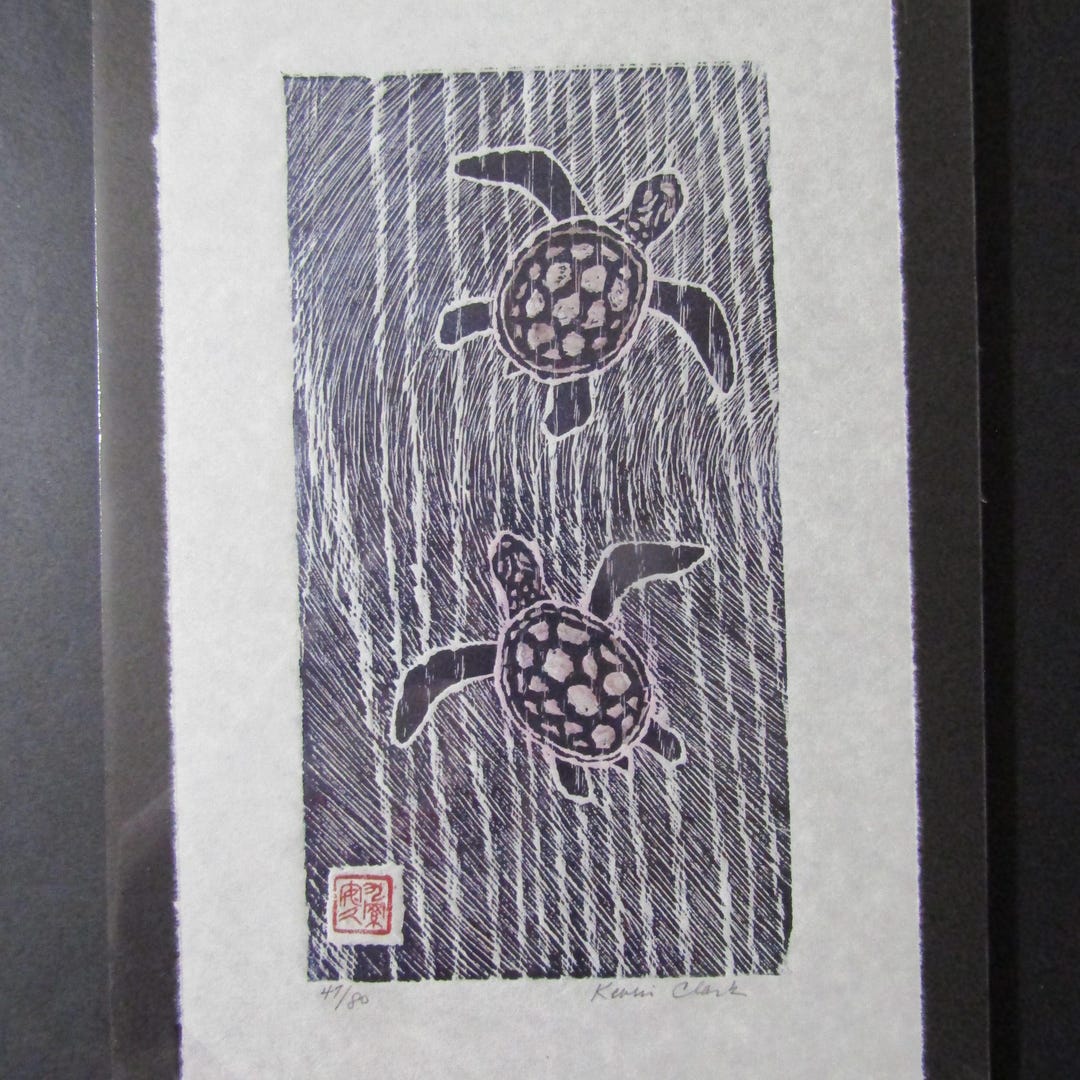 Ocean Sea Turtles Kame Woodcut Hand Carved Woodblock Print