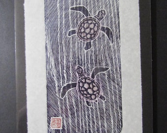 Ocean Sea Turtles Kame woodcut hand carved woodblock print Japanese moku hanga washi paper signed Kevin Clark