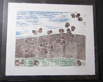 Acorn oak tree nuts donguri original modern hand carved woodblock print Japanese Moku Hanga signed Clark