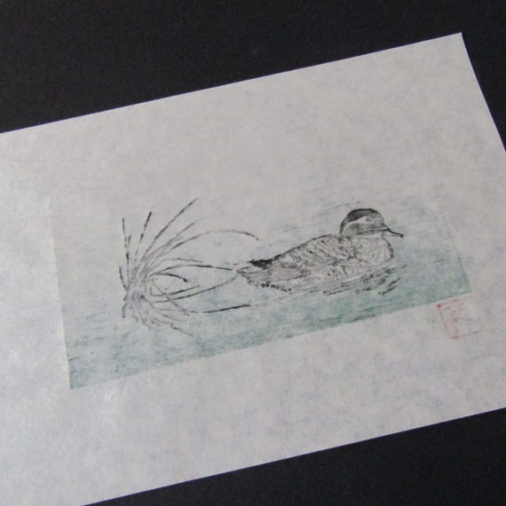Duck Pond Grass Hand Carved Woodcut Woodblock Print Japanese Moku