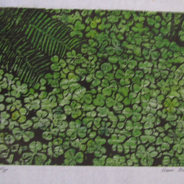 Fern Clover Oxalis forest floor hand carved Banhua woodblock print Japanese moku hanga signed Clark