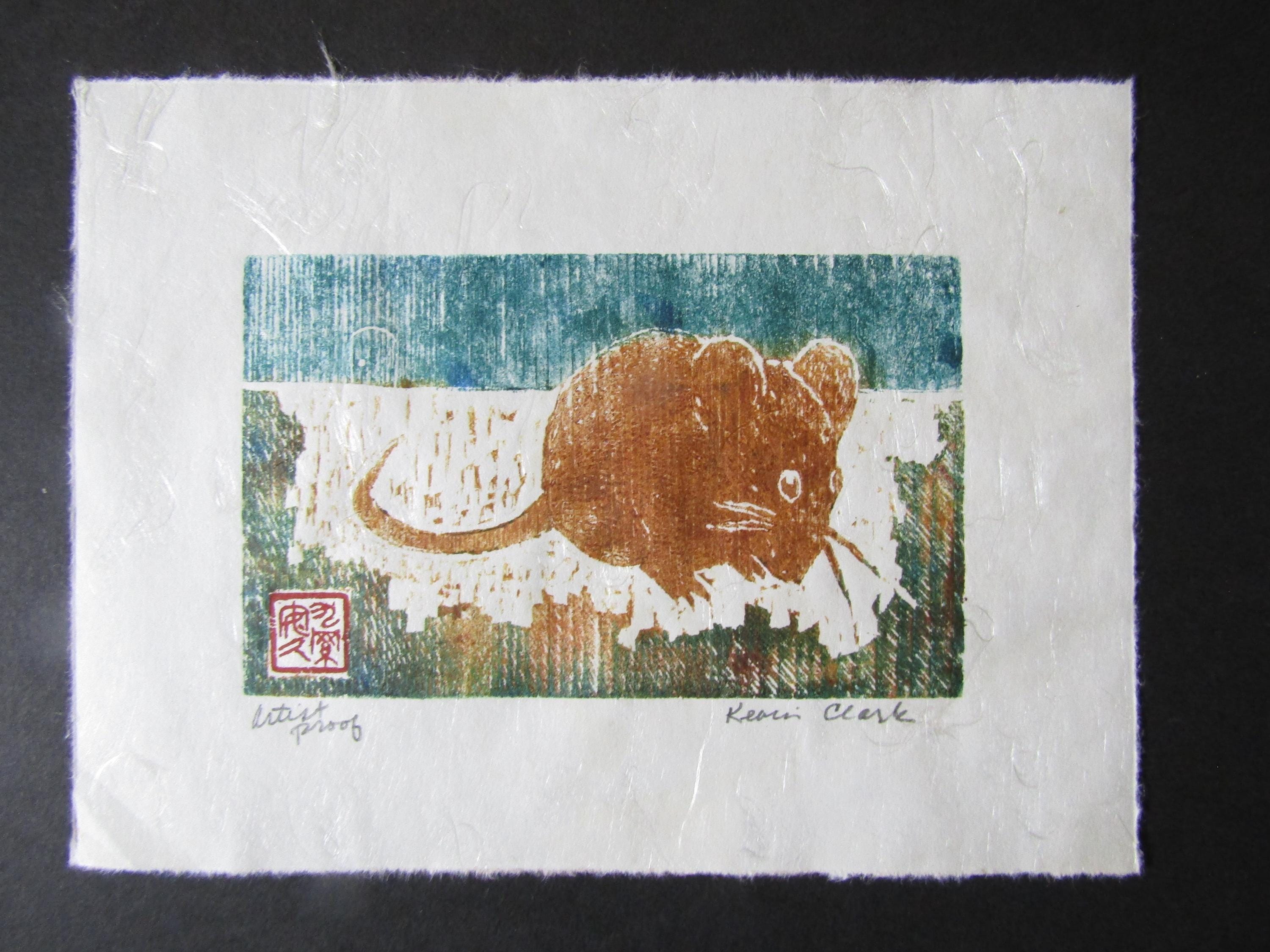 Nezumi Mouse Rat Mice Woodcut Engraving Hand Carved Woodblock