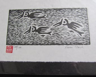 Skimmer Pájaro tallado a mano Xilografía grabada en madera Grabado Moku Hanga Washi japonés firmado Clark