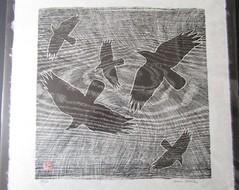 Crows Ravens Original woodcut woodblock print on Japanese moku hanga Washi paper signed Clark