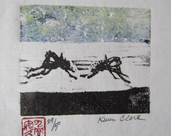 Two Mosquito bugs "Ka" modern hand carved woodcut woodblock print Japanese Moku Hanga Banhua signed Clark