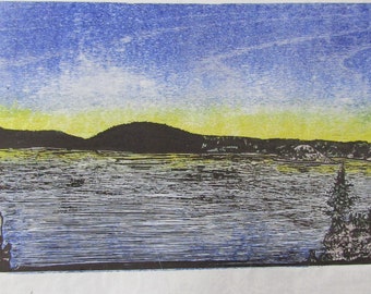 Crater Lake National Park Oregon hand carved woodcut woodblock print Japanese moku hanga washi paper signed Kevin Clark