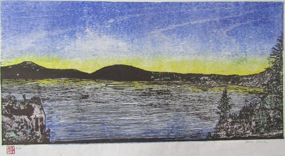 クレーターレイク国立公園 オレゴン州 手彫り 木版画 木版画 和紙