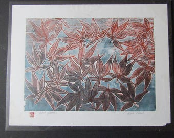 Japanese Maple Tree leaf Large hand carved woodcut woodblock print Moku Hanga signed Kevin Clark