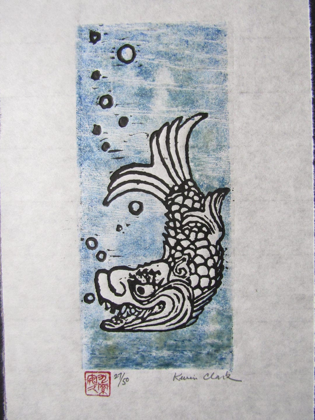 Shachihoko Tiger Carp Fish Woodcut Woodblock Print Engraving Moku