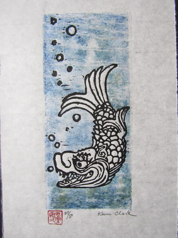 しゃちほこ 虎 鯉 魚 木版画 木版画 彫刻 木版画 和紙 署名 クラーク
